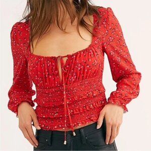 Free People Women Lolita Top Size Small Red Floral Smocked Boho Peasant Crop
